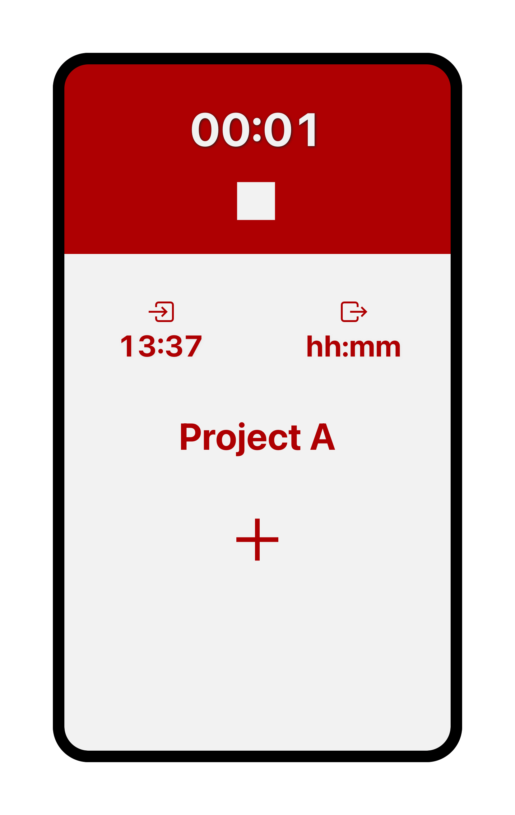 Screenshot of the Tímavera time tracking app. Showing a screen of an employee that clocked into Project A, time elapsed: 1 second, and clock in time: 13:37.