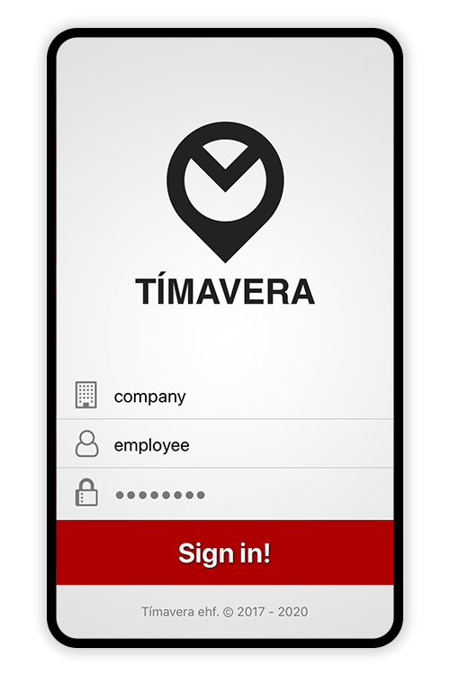 Screenshot of the login screen in the Tímavera app. Inputs for company name, employee username and password. Red sign in button.