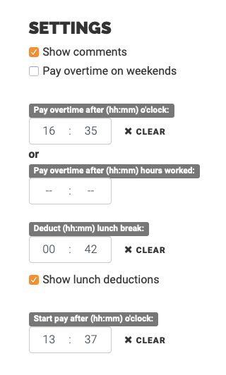 Screenshot from the new time tracking report settings. Time inputs with 1 minute granularity. Settings: show comments, pay overtime on weekends, pay overtime after (hh:mm) o'clock, pay overtime after (hh:mm) hours worked, deduct (hh:mm) lunch break, show lunch deductions, start pay after (hh:mm) o'clock.