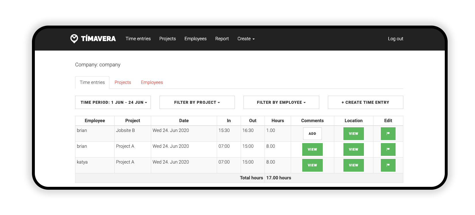 Screenshot of the Tímavera website dashboard. List of time entries by employees on different projects.